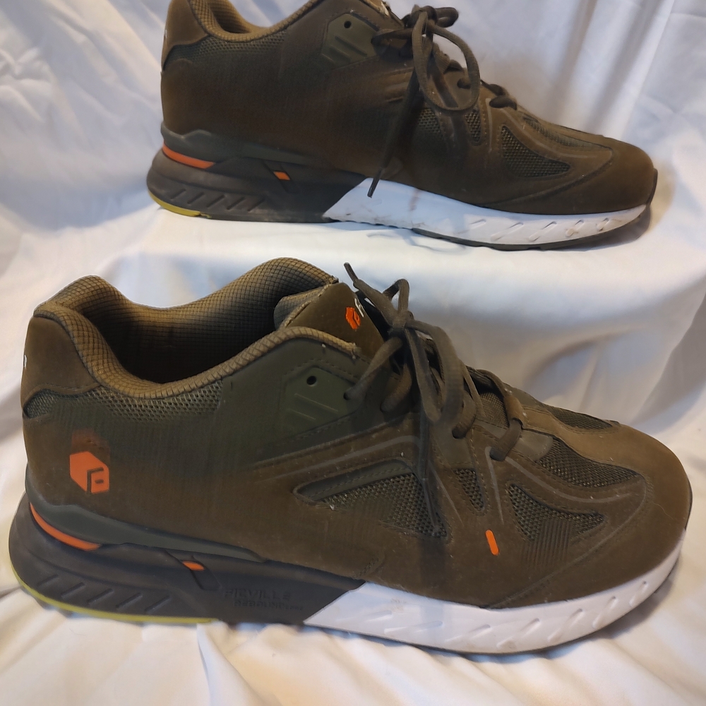 Men's Olive Green Athletic Sneakers Size 13ew with Orange Accents